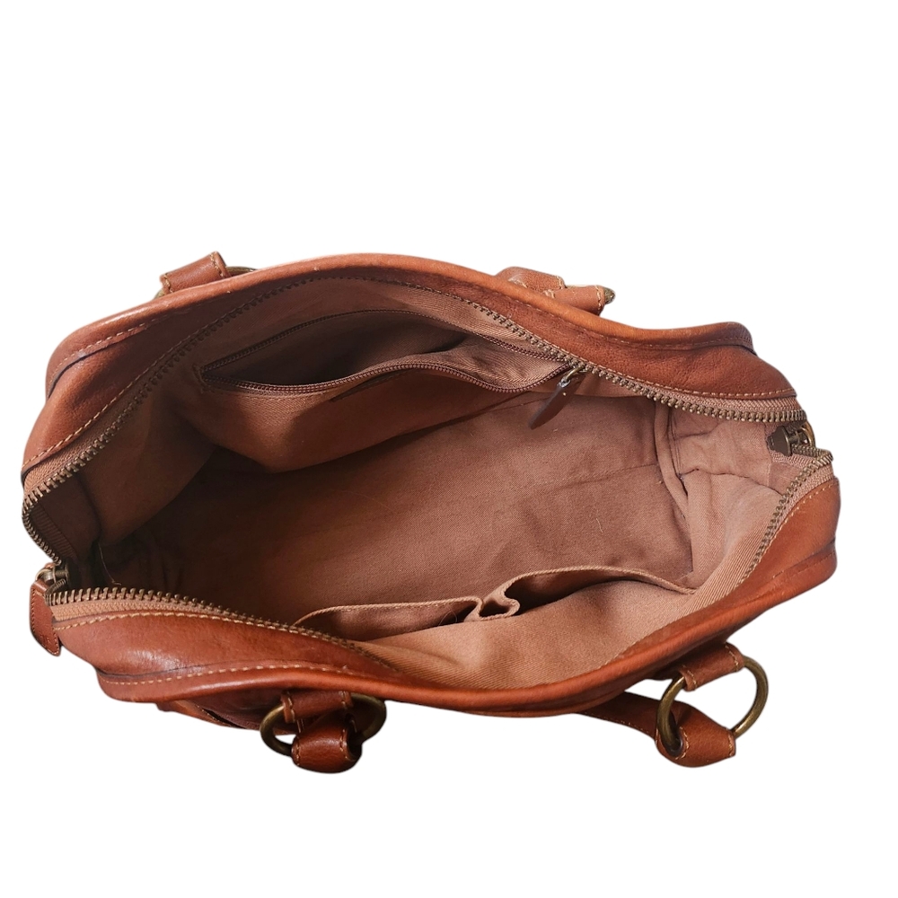 FRYE Melissa Dark Brown CognacDomed Leather Satchel Bag Double Rolled Handles - Picture 6 of 13
